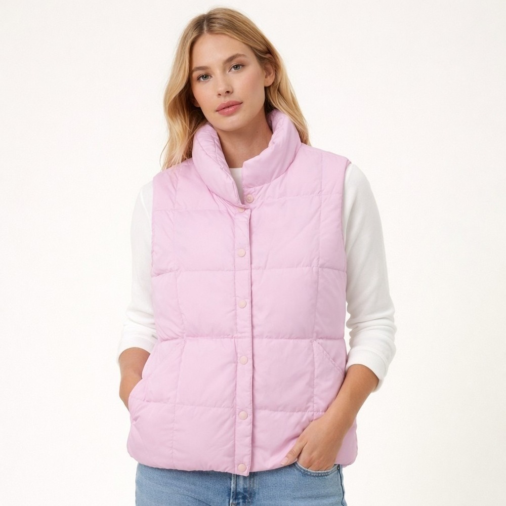 Lands End Womens S Pink Goose Down Puffer Vest Snap Front Layering Winter Staple